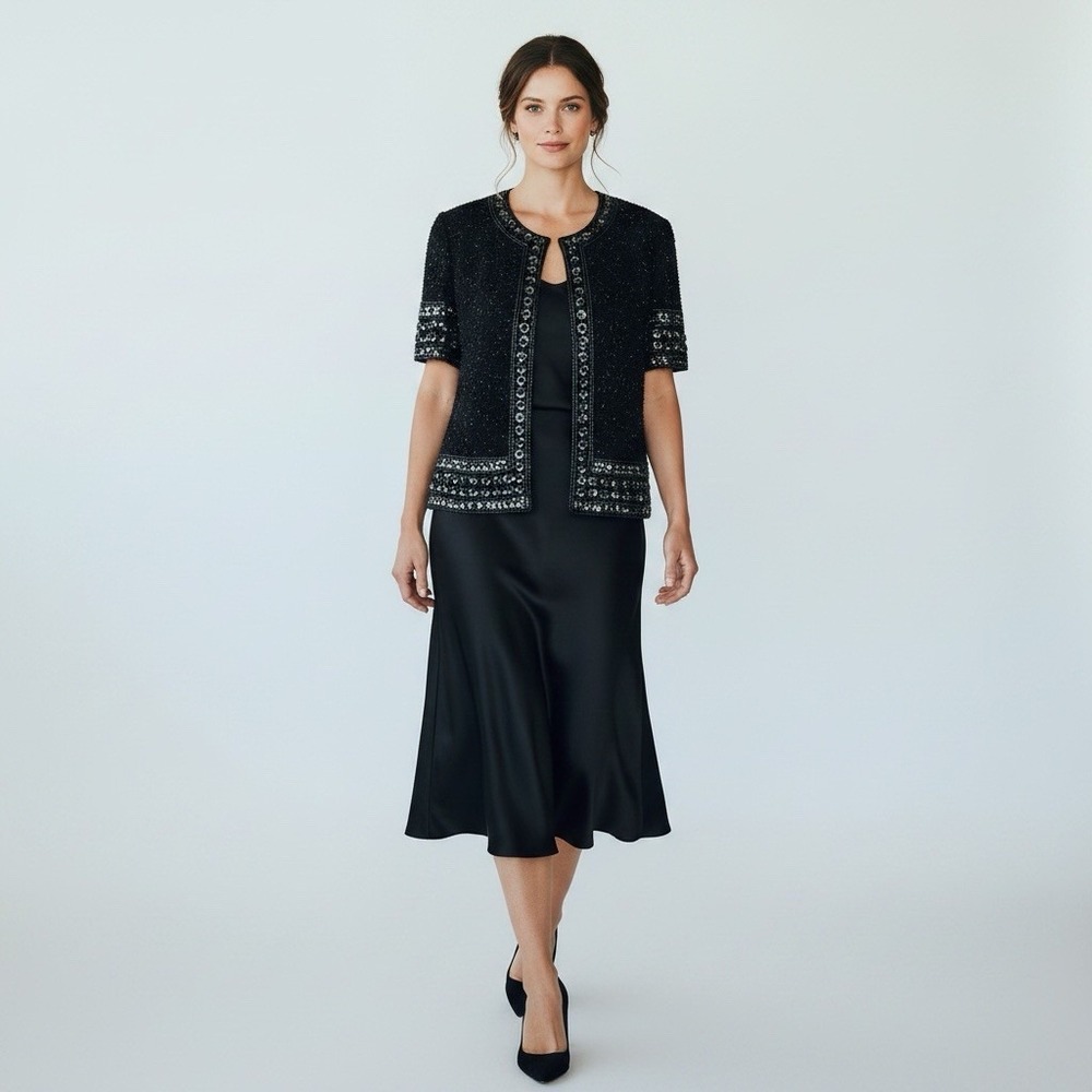 Vtg Silk Lawrence Kazar Mother Of The Bride Beaded Sequins Blazer Top Lp Black